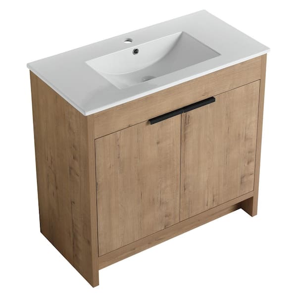 Adrinfly 35 in. W x 18 in. D x 34 in. H Freestanding 1 Bath Vanity in Imitative Oak with White Ceramic Top & 2 Metal Handle