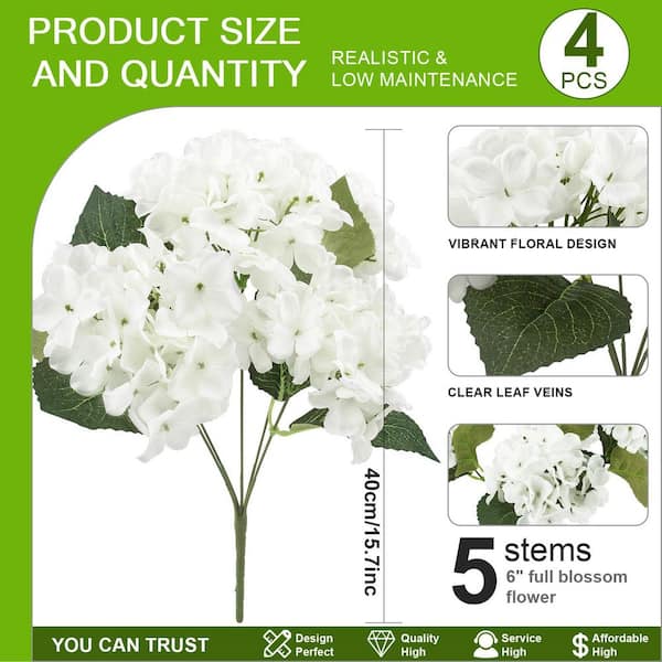 4-Piece 15.7 in. White Indoor/Outdoor Artificial Hydrangea Flower