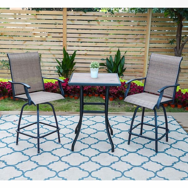 PHI VILLA Outdoor Extra Wide Height Swivel Bar Stools Arms Chairs and Table Set 3 