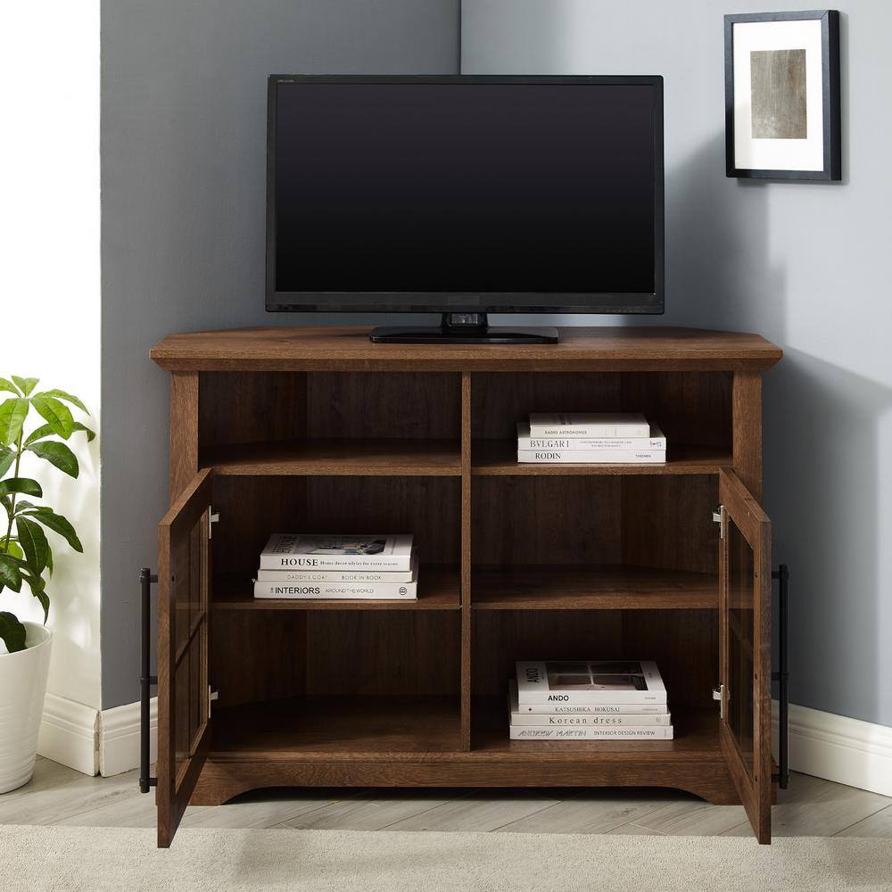 Welwick Designs 44 in. Natural Walnut Wood and Glass Transitional Farmhouse Window Pane Door Corner TV Stand Fits TVs up to 50 in. - 2