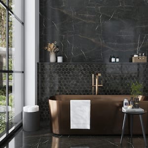 Splendor Black 8.9 in. x 12.8 in. Polished Porcelain Hexagon Wall and Floor Tile (7.09 sq. ft./case) (9-pack)