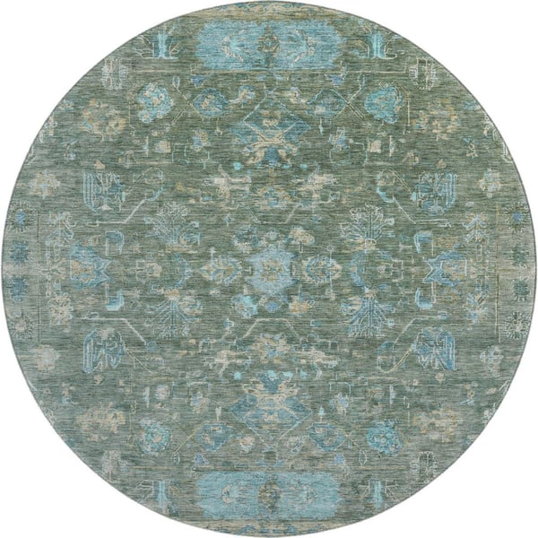 Mayfield Premium Machine Washable Abstract AMF2323 Sage 8 ft. x 8 ft. Round Rug