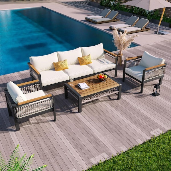 Sudzendf 4-Piece Metal and Wood Patio Conversation Set with Beige Cushions and A Coffee Table for Patios, Gardens, or Balcony