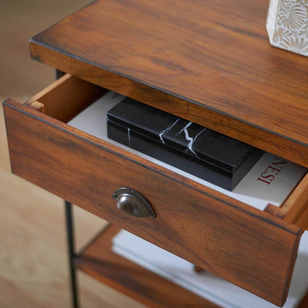 Eris Traditional Brown Wood and Black Metal Accent Table with Storage