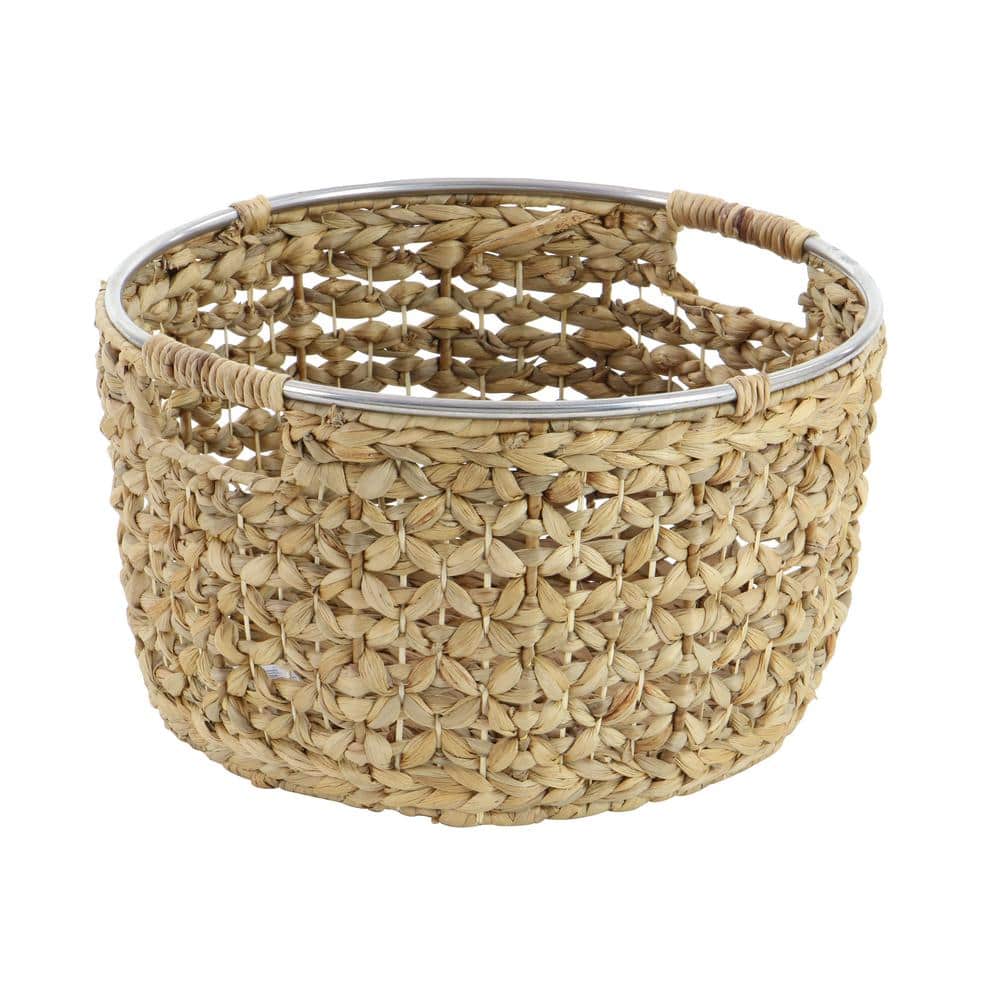 Polished Seagrass Round Storage Basket with Metal Handles