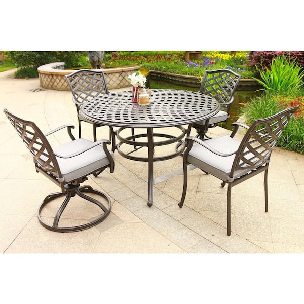 Mondawe Zed 5-Piece Aluminum Round Table 49 in. Outdoor Dining Set with Gray Cushion for Gazebo Patio Balcony