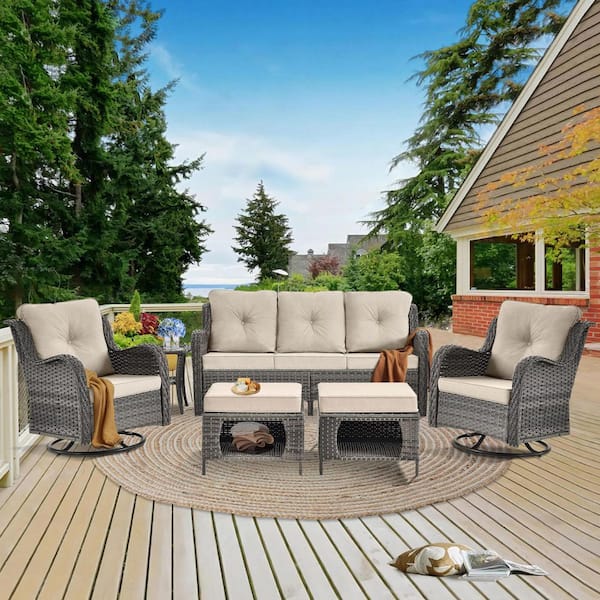 Gray 6-Piece Wicker Outdoor Patio Conversation Seating Sofa Set Beige Cushions with Swivel Rocking Chairs and Ottoman
