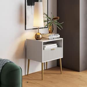 Jacklyn 20 in. White Rectangle Wood Modern Nightstand Bedside End Table with Drawer and Shelf, Mid-Century Golden Legs