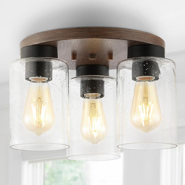 JONATHAN Y Nola 13 in. 3-Light Wood Finish Bohemian Farmhouse Iron/Seeded Glass LED Semi Flush Mount, Clear