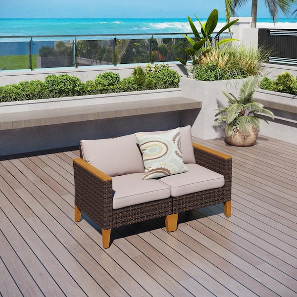PHI VILLA Dark Brown Rattan Wicker Outdoor Patio Single Arm Lounge Chairs with Beige Cushions (2-Pack)