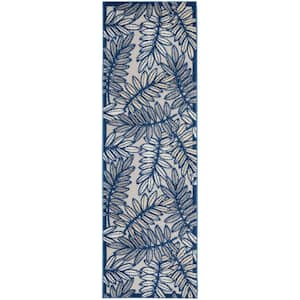 Aloha Ivory/Navy 2 ft. x 8 ft. Kitchen Runner Floral Contemporary Indoor/Outdoor Patio Area Rug