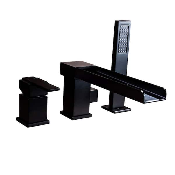 FLG Single-Handle Tub Deck Mount Roman Tub Faucet with Hand Shower Waterfall Brass Bathtub Filler in Matte Black