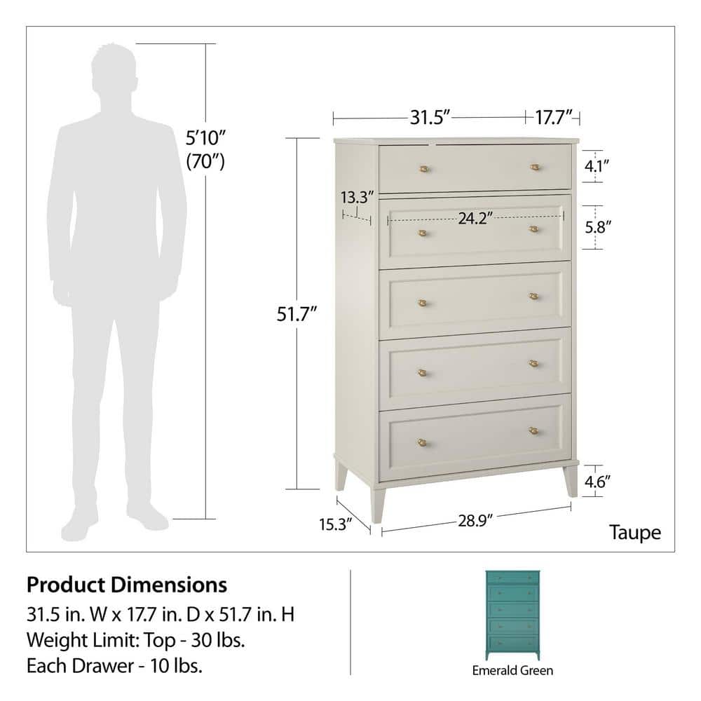 Taupe Tall 5-Drawer Dresser with Gold Hardware