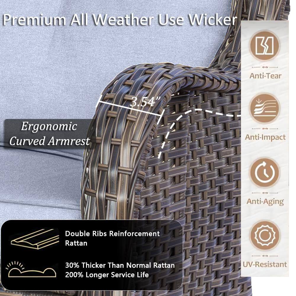 Close-up detail of the brown wicker texture and curved armrest of the sofa.