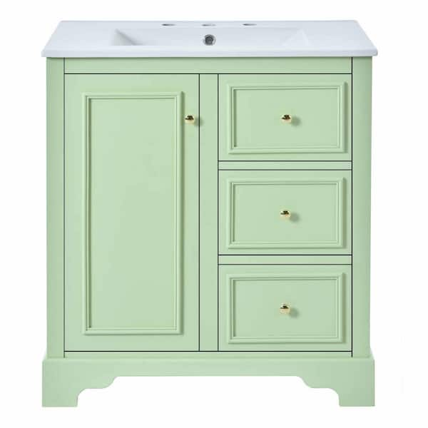 29.96 in. W Single Sink Freestanding Bath Vanity in Green with White Ceramic Top, 3 Drawers and 1 Adjustable shelves