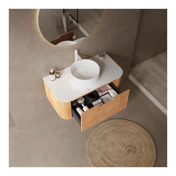 35.83 in. Single Sink Floating Natural Bath Vanity with White Sintered Stone Top