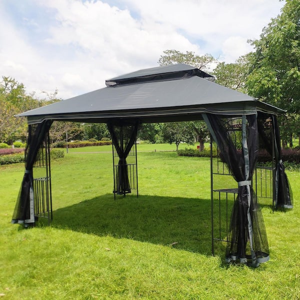 13 ft. x 10 ft. Gray Outdoor Patio Gazebo Canopy Tent with Ventilated Double Roof and Mosquito Net