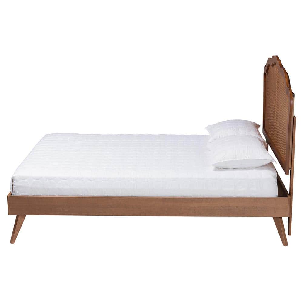 Walnut Brown Queen Wood Frame Platform Bed with Rattan Headboard