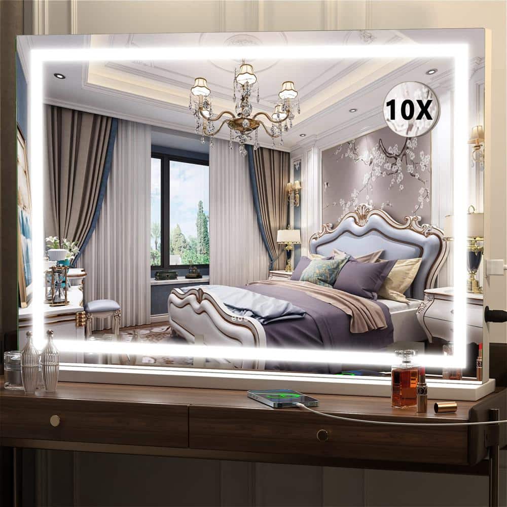 22 in. W x 32 in. H Square White Frame LED Makeup Mirror, Lighted Mirror wi