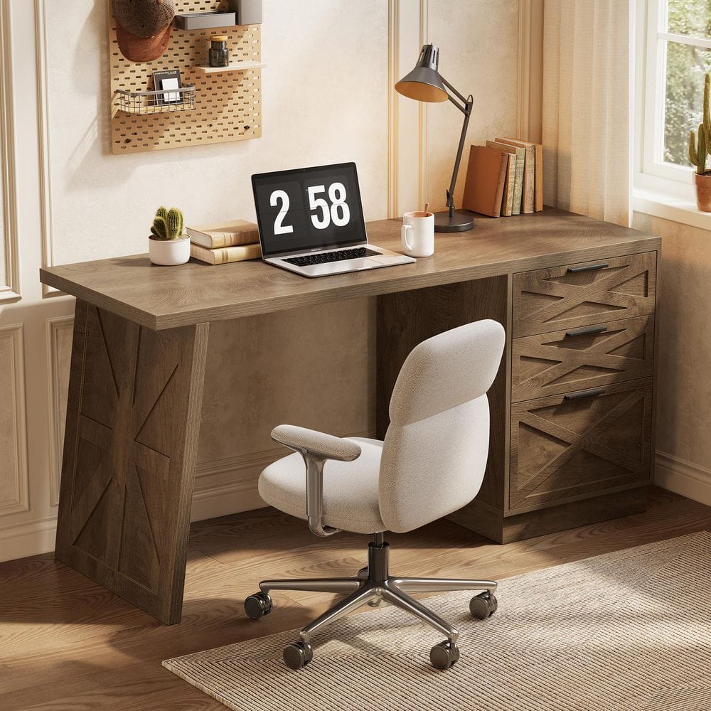 Lanita 59 in. Rectangle Walnut Color Wood 3-Drawer Computer Desk, Storage Workstation Writing Desk for Home Office