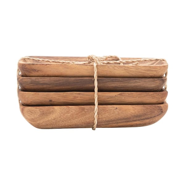 Storied Home 6.5 in. W x 1 in. H Rectangular Natural Acacia Wood Serving Tray with Seagrass Tie (Set of 4)