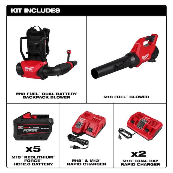 M18 FUEL 18V Brushless Cordless Dual Battery Backpack Blower Kit w/ M18 Leaf Blower, (5) 12.0 Ah Batteries, (3) Chargers
