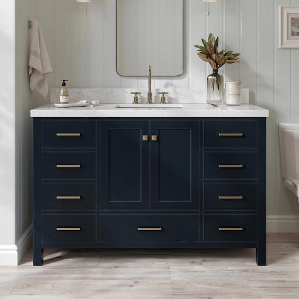 ARIEL Cambridge 55 in. W x 22 in. D x 36 in. H Vanity in Midnight Blue with Carrara White Marble Top