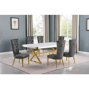 Miguel 7-Piece Rectangle White Wood Top Gold Stainless Steel Dining Set with 6 Dark Gary Velvet Chairs