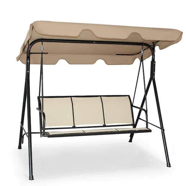 Unbranded Outdoor 3 Person Metal Frame Patio Swing with Adjustable Polyester Canopy, Brown