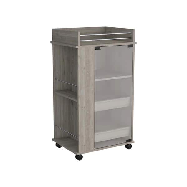 Unbranded Gray Wood 21.65 in. Kitchen Island with Glass Door, 2-Side Shelves and Casters