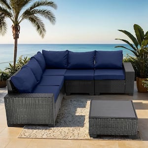 6-Piece Coffee Wicker Patio Conversation Set with Dark Blue Cushions for Summer Outside, Backyard