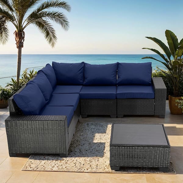 Zeus & Ruta 6-Piece Coffee Wicker Patio Conversation Set with Dark Blue Cushions for Summer Outside, Backyard