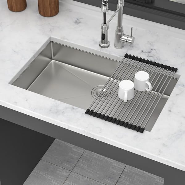 30 in. Undermount ADA Single Bowl 16 Gauge Brushed Nickel Stainless Steel Kitchen Sink with Bottom Grids