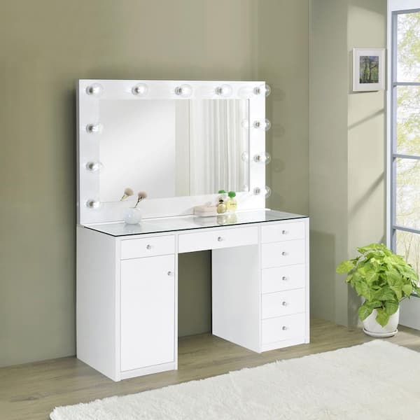 Acena 2-Piece White Glass Top 7-drawer Makeup Vanity Desk with Lighting