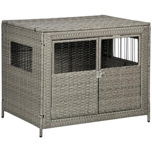 Rattan Dog Crate with Double Doors, Wicker Dog Cage with Large Entrance and Soft Washable Cushion, Grey