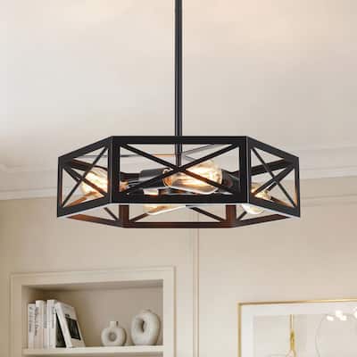 4-Light 19.29 in. Matte Black Geometric Industrial Cage Chandelier For Kitchen Island, Dining Room, Foyer, Living Room