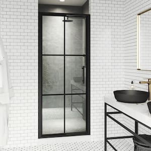 Astoria 30 in. W x 76 in. H Space Saving Framed Pivot Shower Door in Matte Black with Grid Clear Glass