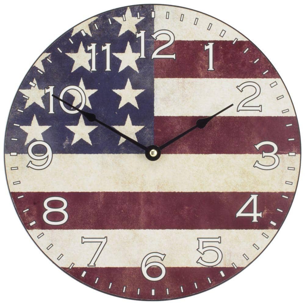 12-Inch Americana Flag Wood Round Analog Wall Clock