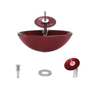 Glass Vessel Sink in Hand Painted Red with Waterfall Faucet and Pop-Up Drain in Chrome