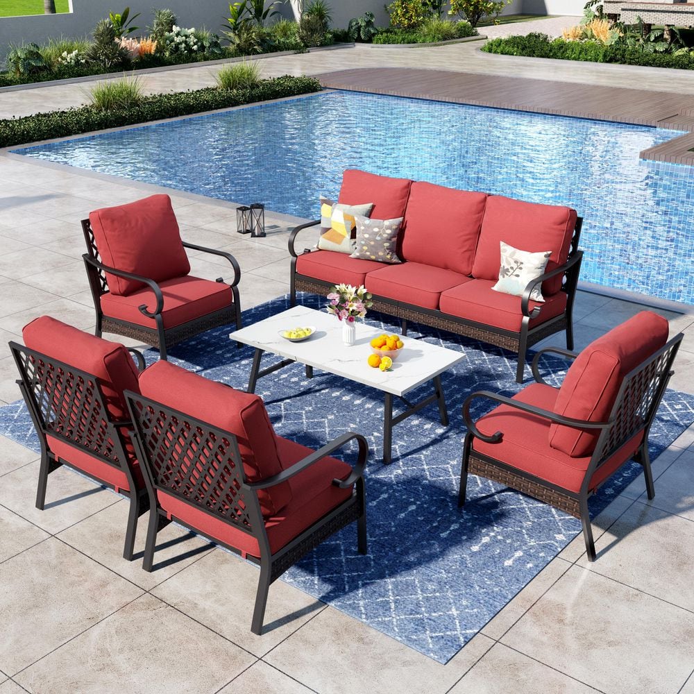 6-Piece Black Metal 7 Seats Outdoor Patio Conversation Set with Fixed Chairs, Marbling Coffee Table and Red Cushions price history on PriceWatchPro
