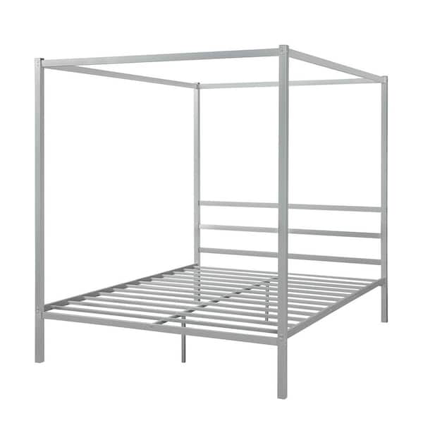 URTR Silver Queen Canopy Bed Frame with Built-in Headboard, Metal Canopy Platform Bed for Kids, Teens and Adults