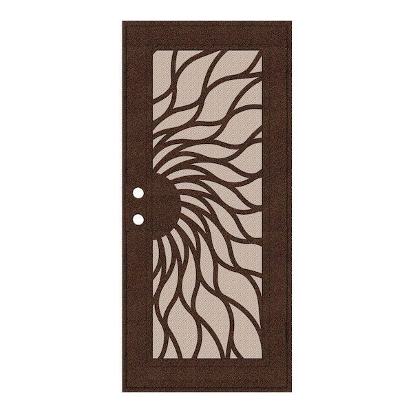 Unique Home Designs 30 in. x 80 in. Sunfire Copperclad Left-Hand Surface Mount Aluminum Security Door with Desert Sand Perforated Screen