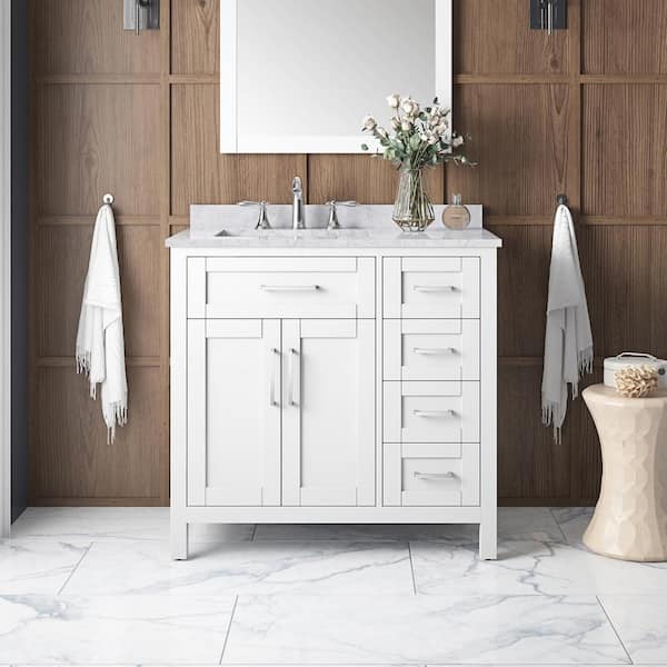 OVE Decors Tahoe 36 in. W x 21 in. D x 34 in. H Single Sink Bath Vanity in White with Carrara Marble Top