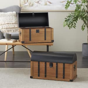 15 in. H x 24 in. W Brown Wooden Studded Storage Trunk with Black Metal Arched Tops and Vertical Strips (Set of 2)