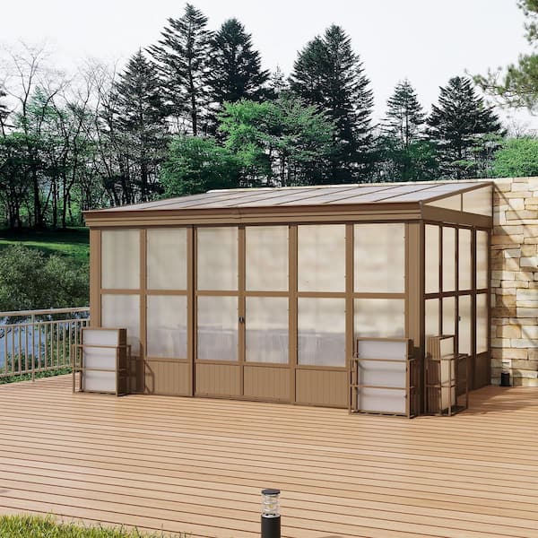 10 ft. x 14 ft. Brown Lean-to Wall Mounted Aluminum Frame Sunroom with Polycarbonate Roof and Sliding Doors
