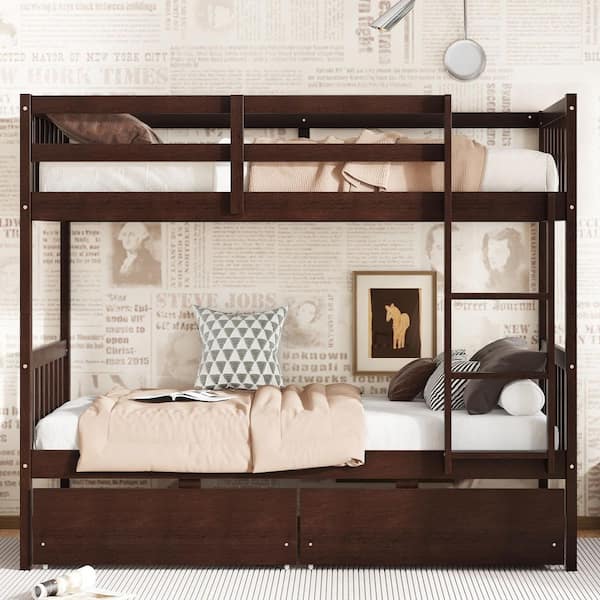 Espresso Brown Twin Over Twin Bunk Bed with 2 Drawers and Safety Guardrails