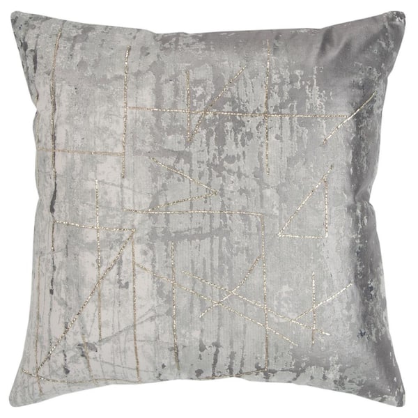 Unbranded Gray Geometric Foil Over Print Gold Cord Applied Embellishment Poly Filled 20 in. x 20 in. Decorative Throw Pillow