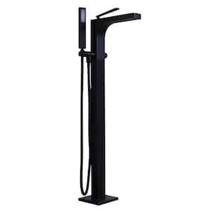 Qubic Single-Handle Floor Mount Freestanding Tub Filler Faucet with Hand Shower in Matte Black