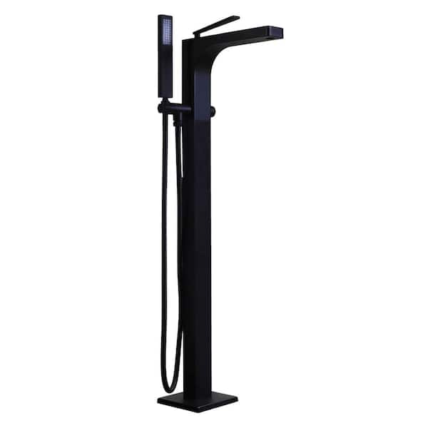 Westbrass Qubic Single-Handle Floor Mount Freestanding Tub Filler Faucet with Hand Shower in Matte Black