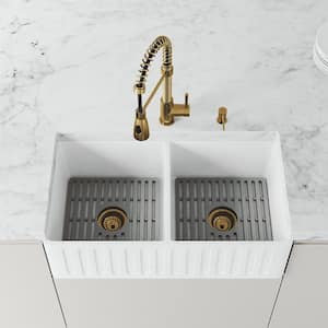 Matte Stone 33" Double Bowl Farmhouse Apron Front Undermount Kitchen Sink with Faucet and Accessories